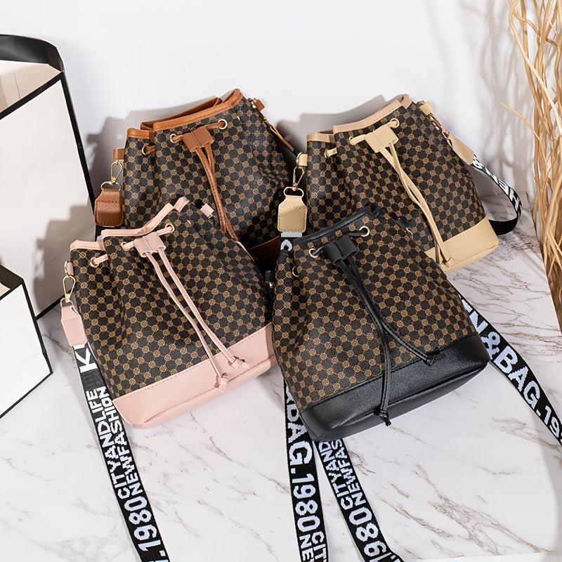 Geometric Pattern Bucket Bag Drawstring Crossbody Bag