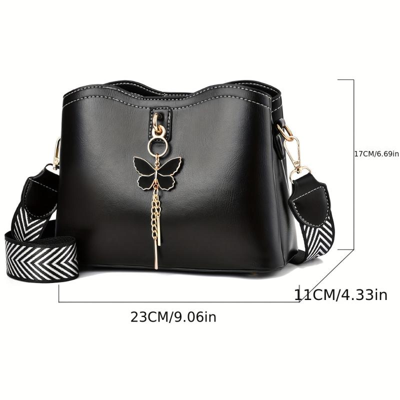 Butterfly Pendant Shoulder Bag Wide Strap Bucket Bag