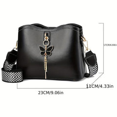 Butterfly Pendant Shoulder Bag Wide Strap Bucket Bag