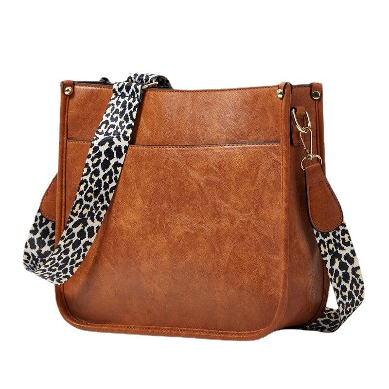 Leopard Strap Crossbody Bag Vintage Women's PU Leather Purse