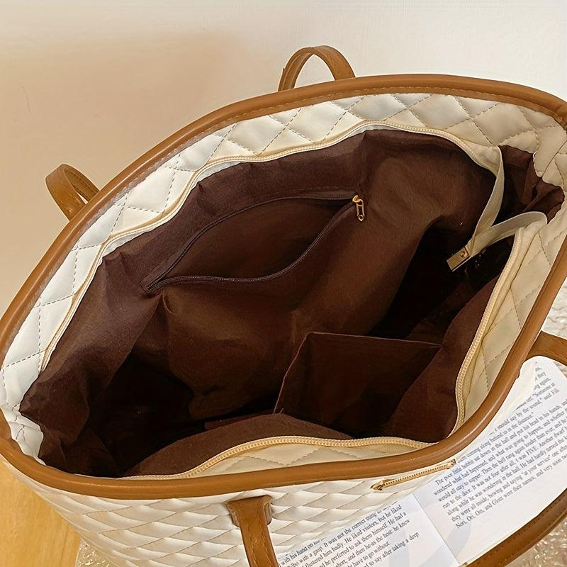 Argyle Quilted Tote Bag Large Shoulder Handbag Commuting & Shopping