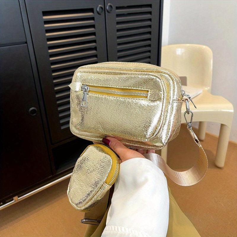 Metallic Solid Mini Shoulder Bag Zipper Faux Leather Crossbody Bag
