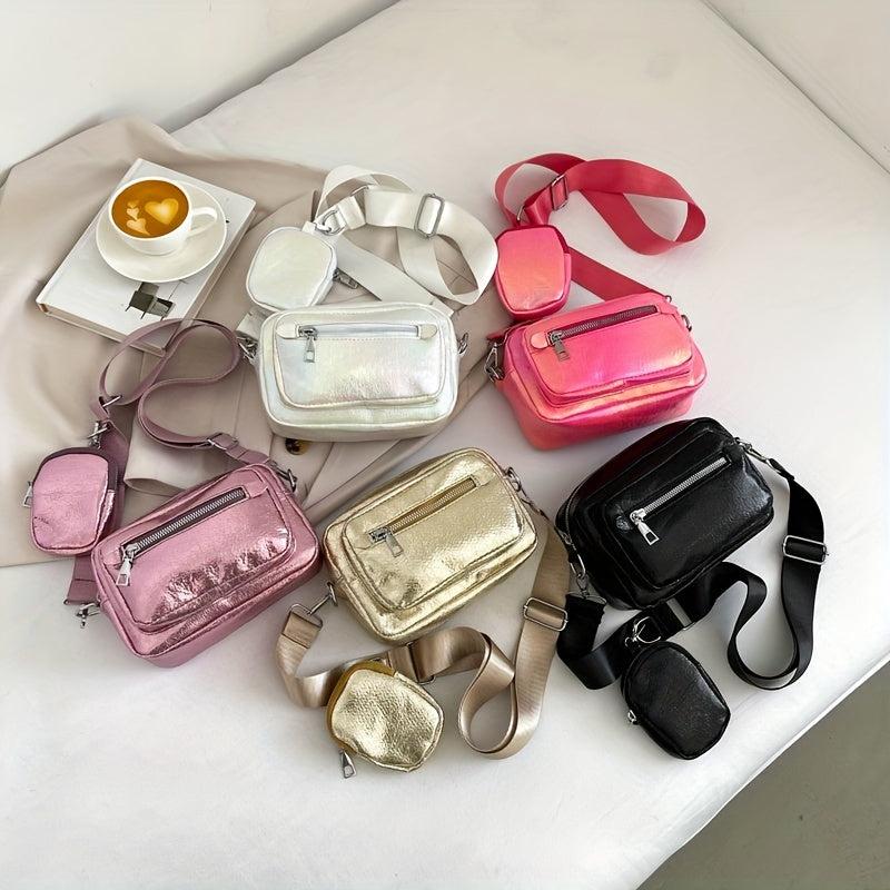 Metallic Solid Mini Shoulder Bag Zipper Faux Leather Crossbody Bag