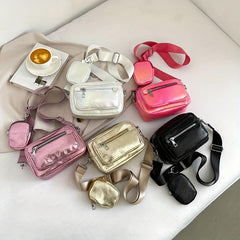 Metallic Solid Mini Shoulder Bag Zipper Faux Leather Crossbody Bag