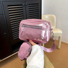 Metallic Solid Mini Shoulder Bag Zipper Faux Leather Crossbody Bag