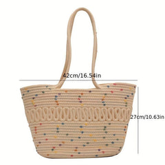 Colorblock Tweed Woven Shoulder Bag Large Capacity Straw Beach Handbag