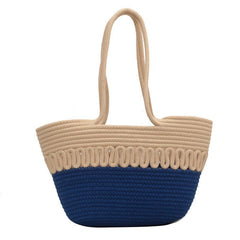 Colorblock Tweed Woven Shoulder Bag Large Capacity Straw Beach Handbag