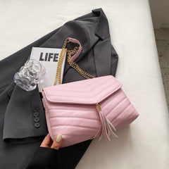 Quilted Detail Square Bag Solid Chain Bag Flap Shoulder Tassel Decor Bag