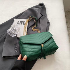 Quilted Detail Square Bag Solid Chain Bag Flap Shoulder Tassel Decor Bag
