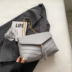 Quilted Detail Square Bag Solid Chain Bag Flap Shoulder Tassel Decor Bag