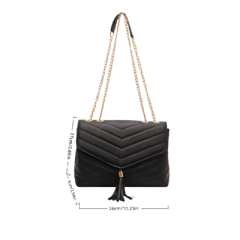Quilted Detail Square Bag Solid Chain Bag Flap Shoulder Tassel Decor Bag