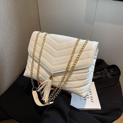 Quilted Detail Square Bag Solid Chain Bag Flap Shoulder Tassel Decor Bag