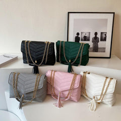 Quilted Detail Square Bag Solid Chain Bag Flap Shoulder Tassel Decor Bag