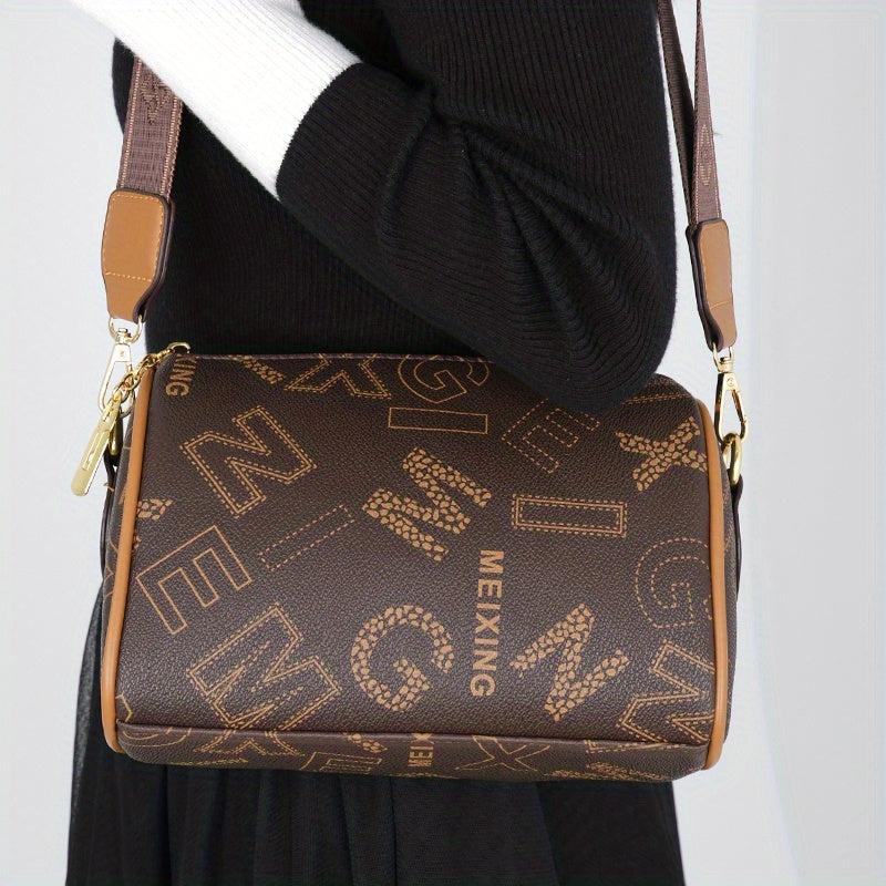 Classic Letter Print Shoulder Bag Vintage Crossbody Bag Women's Zipper Purse