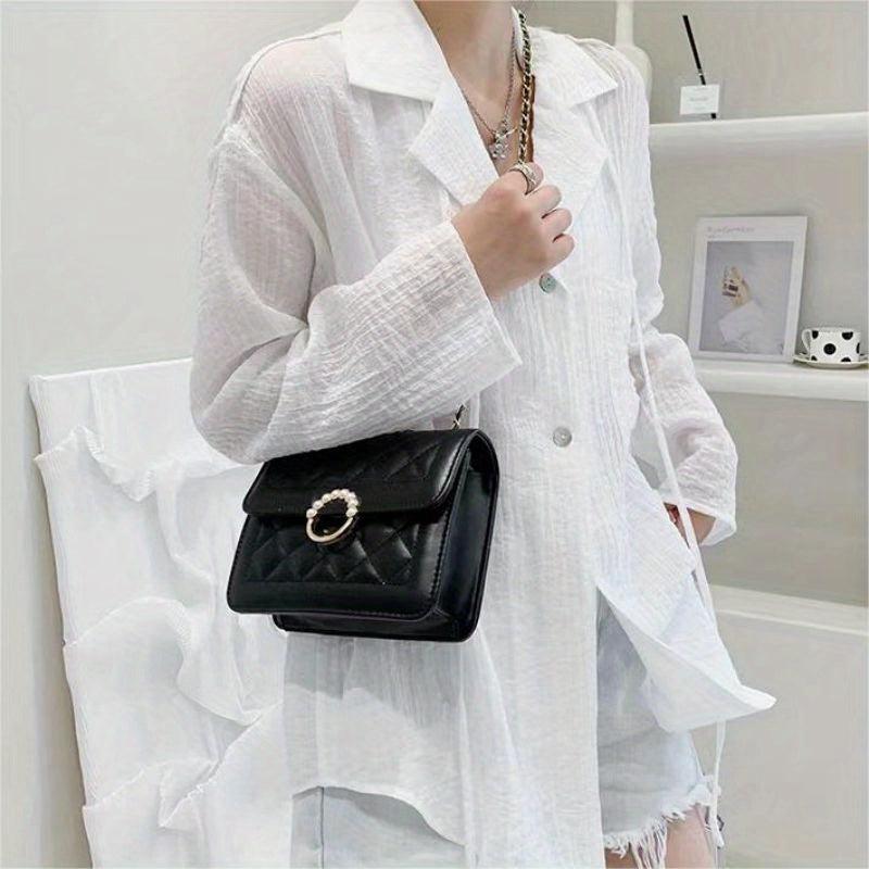 Quilted Flap Shoulder Bag Pearl Decor Square Handbag Women's