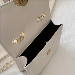 Quilted Flap Shoulder Bag Pearl Decor Square Handbag Women's