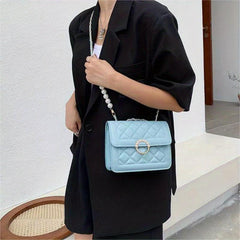 Quilted Flap Shoulder Bag Pearl Decor Square Handbag Women's