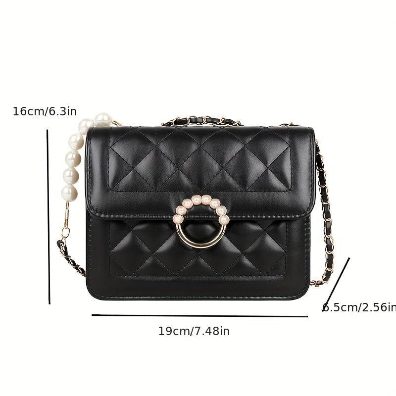 Quilted Flap Shoulder Bag Pearl Decor Square Handbag Women's