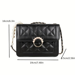 Quilted Flap Shoulder Bag Pearl Decor Square Handbag Women's