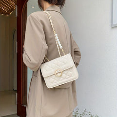 Quilted Flap Shoulder Bag Pearl Decor Square Handbag Women's