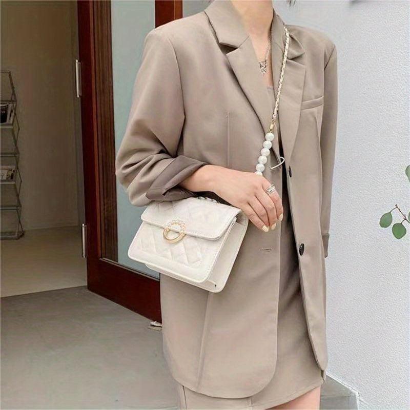 Quilted Flap Shoulder Bag Pearl Decor Square Handbag Women's