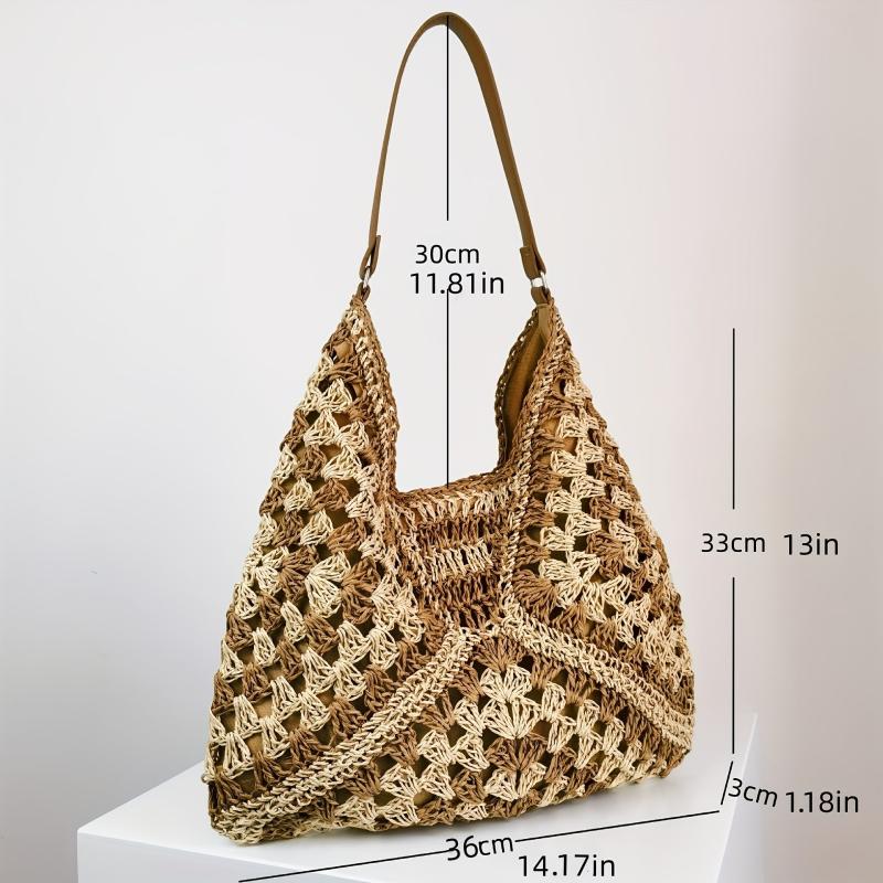 Colorblock Straw Hobo Bag Woven Shoulder Beach Storage Bag