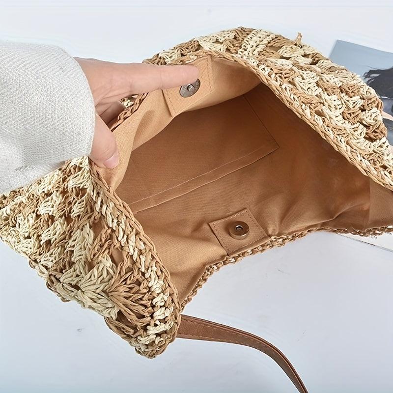Colorblock Straw Hobo Bag Woven Shoulder Beach Storage Bag