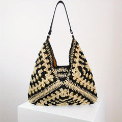 Colorblock Straw Hobo Bag Woven Shoulder Beach Storage Bag