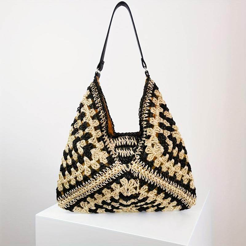 Colorblock Straw Hobo Bag Woven Shoulder Beach Storage Bag