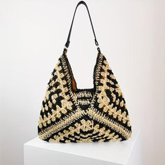 Colorblock Straw Hobo Bag Woven Shoulder Beach Storage Bag