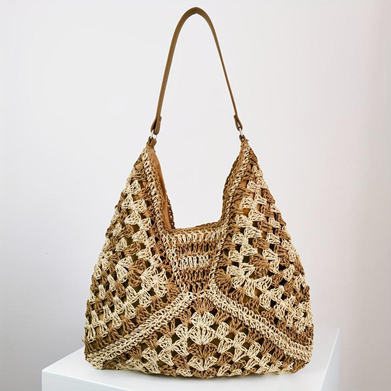 Colorblock Straw Hobo Bag Woven Shoulder Beach Storage Bag