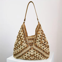 Colorblock Straw Hobo Bag Woven Shoulder Beach Storage Bag