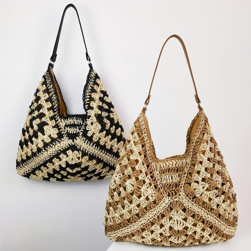 Colorblock Straw Hobo Bag Woven Shoulder Beach Storage Bag