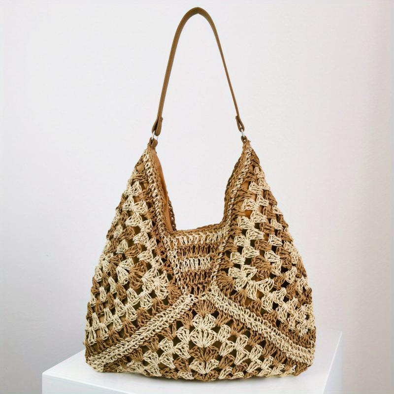 Colorblock Straw Hobo Bag Woven Shoulder Beach Storage Bag