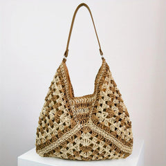 Colorblock Straw Hobo Bag Woven Shoulder Beach Storage Bag