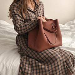 Large Capacity Drawstring Tote Bag PU Leather Shoulder Bag