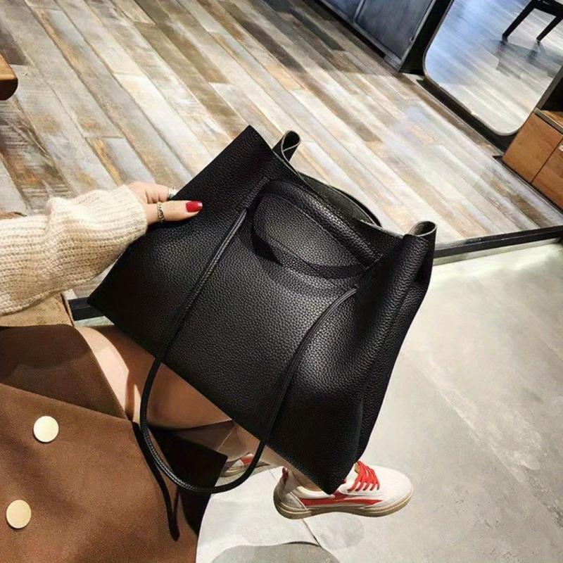 Large Capacity Drawstring Tote Bag PU Leather Shoulder Bag