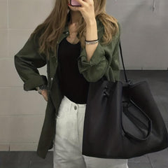 Large Capacity Drawstring Tote Bag PU Leather Shoulder Bag