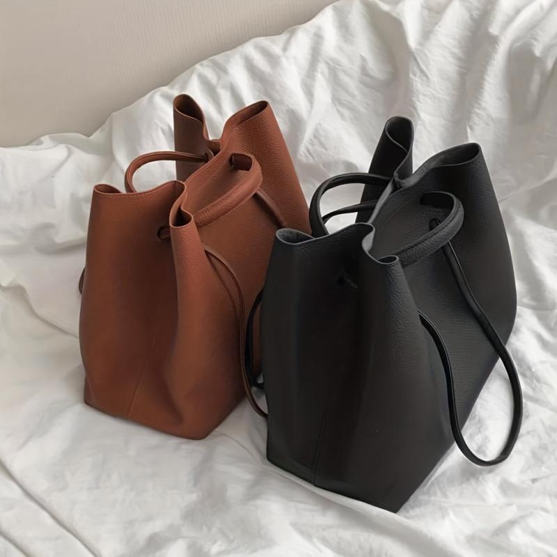 Large Capacity Drawstring Tote Bag PU Leather Shoulder Bag