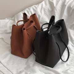 Large Capacity Drawstring Tote Bag PU Leather Shoulder Bag