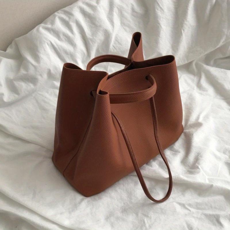Large Capacity Drawstring Tote Bag PU Leather Shoulder Bag
