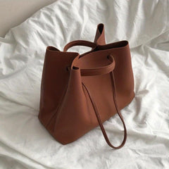 Large Capacity Drawstring Tote Bag PU Leather Shoulder Bag