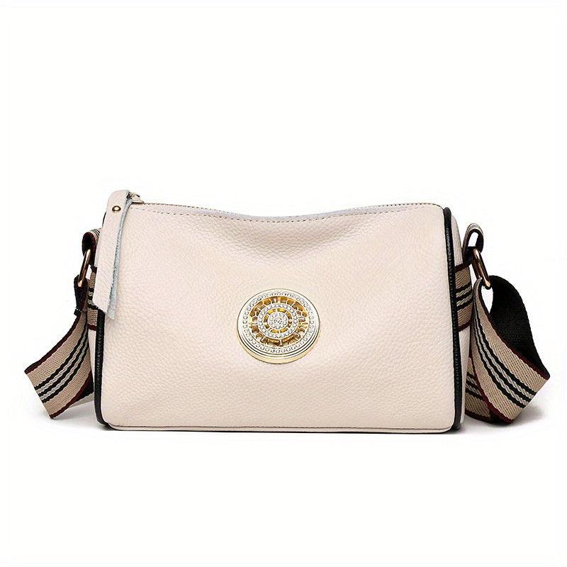Stripes Wide Strap Shoulder Bag Glitter Rhinestone Decor Zipper Crossbody Bag