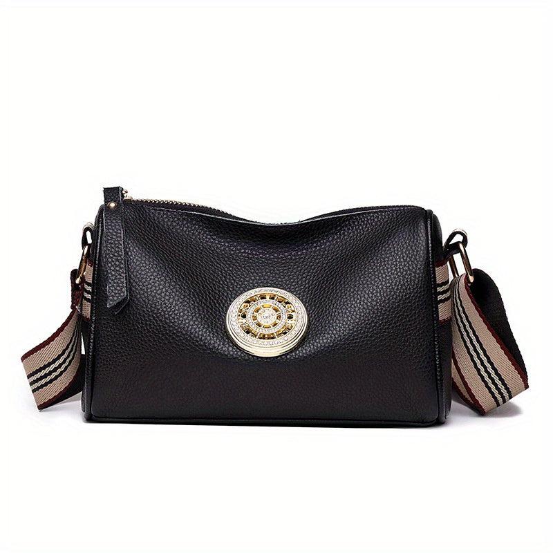 Stripes Wide Strap Shoulder Bag Glitter Rhinestone Decor Zipper Crossbody Bag