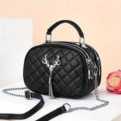 Argyle Quilted Shoulder Bag Tassel Decor Handbag