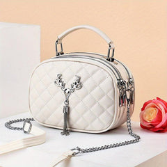 Argyle Quilted Shoulder Bag Tassel Decor Handbag