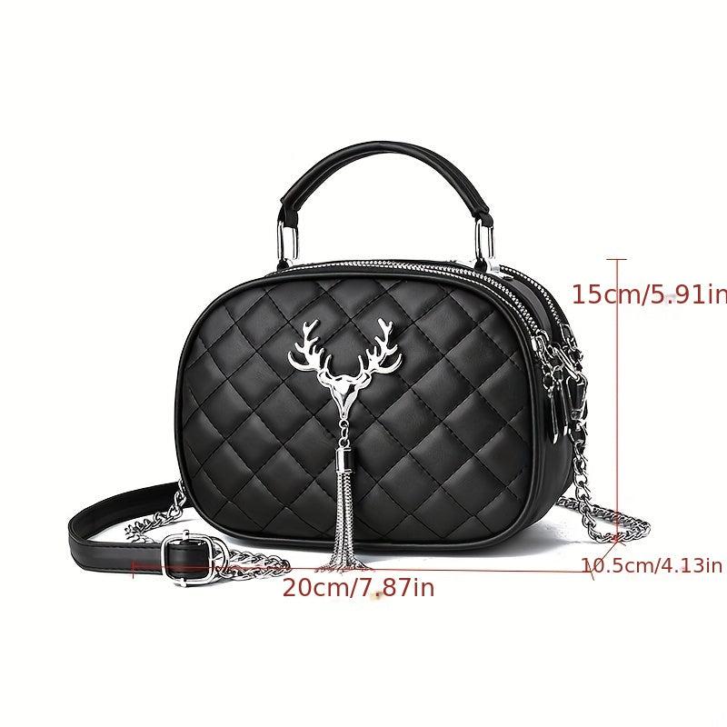 Argyle Quilted Shoulder Bag Tassel Decor Handbag