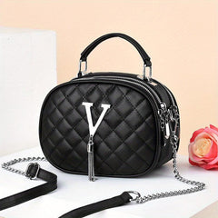 Argyle Quilted Shoulder Bag Tassel Decor Handbag