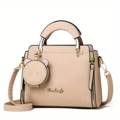 Cat Pendant Satchel Crossbody Bag PU Leather Textured Bag Purse