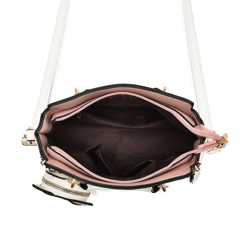 Cat Pendant Satchel Crossbody Bag PU Leather Textured Bag Purse